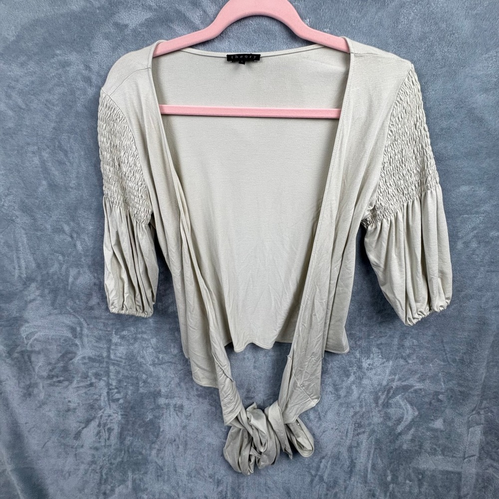 Theory Womens Beige Cotton Smocked Shoulder Tie Front Wrap Top Size Large - Picture 3 of 12